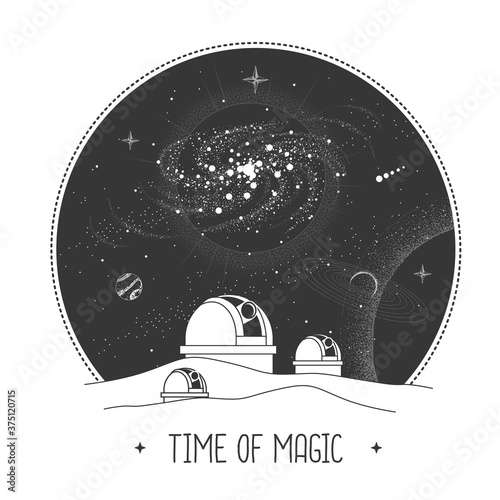 Modern magic witchcraft card with astrology observatory and outer space in the night sky