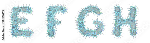 Set of letters made of virus isolated on white background. Capital letter E, F, G, H. 3d rendering. Covid font photo