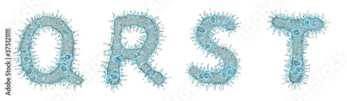 Set of letters made of virus isolated on white background. Capital letter Q, R, S, T. 3d rendering. Covid font photo