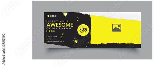 Corporate facebook cover page timeline web ad banner template with photo place modern layout black and yellow background
