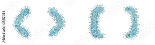 Alphabet made of virus isolated on white background. Symbol left and right angle bracket, left and right square bracket. 3d rendering. Covid font