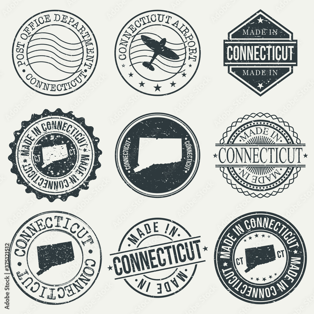 Connecticut Set of Stamps. Travel Stamp. Made In Product. Design Seals Old Style Insignia.