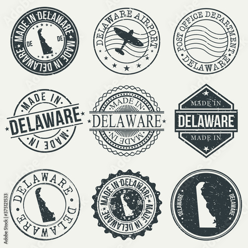 Delaware Set of Stamps. Travel Stamp. Made In Product. Design Seals Old Style Insignia.