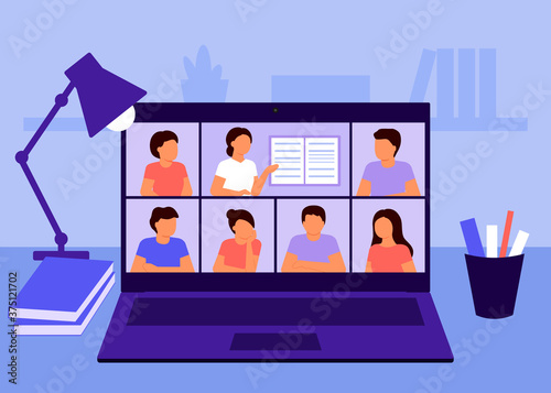 Online education and distance learning at home concept. Laptop video conferencing to woman teacher. Video call online meeting. Workspace, remote work, collective virtual meeting. Vector flat