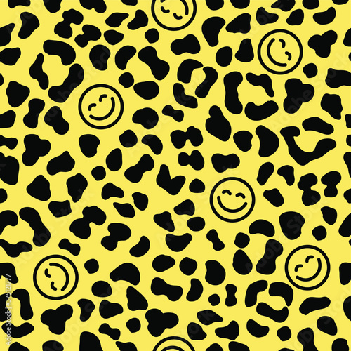 Seamless Leopard Skin Pattern with Happy face icon. Smiling Emoticon texture. Smile background. Smile Face icon all over print. Happy Faces. Leopard skin background.