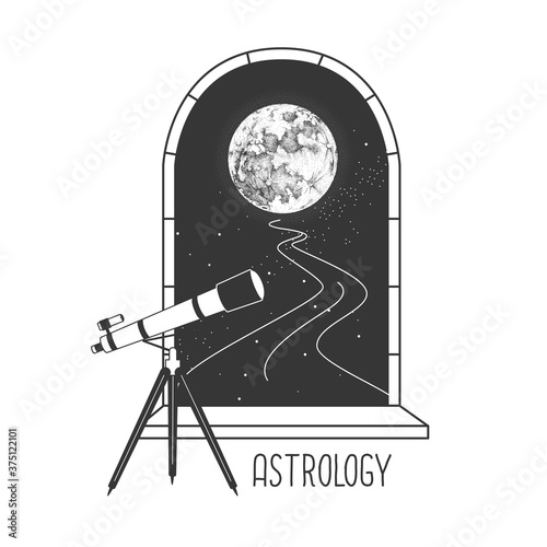 Magic witchcraft open window silhouette with full moon and telescope on outer space background. Vector illustration