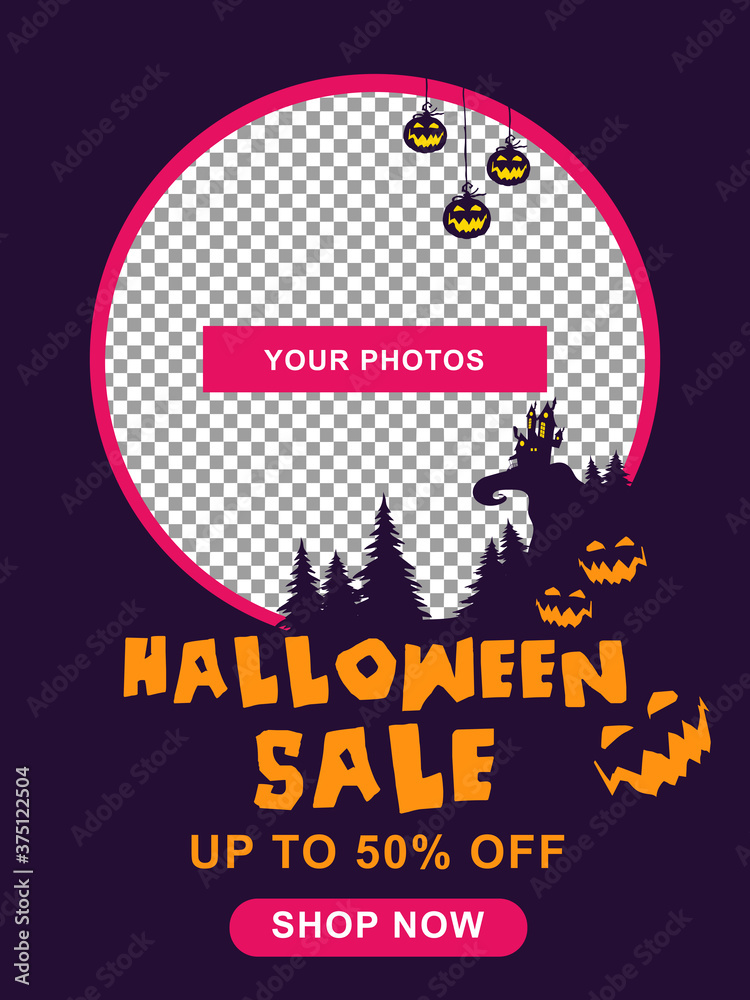 Naklejka premium Halloween sale banner. Halloween background with tombstone, pumpkin, haunted house and full moon. Flyer or invitation template for Halloween party. silhouette Vector illustration.