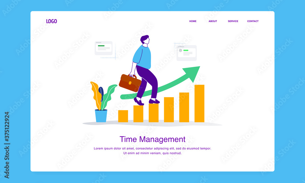 Modern  time management illustration concept of man walking on a bar chart showing improvement for landing page template