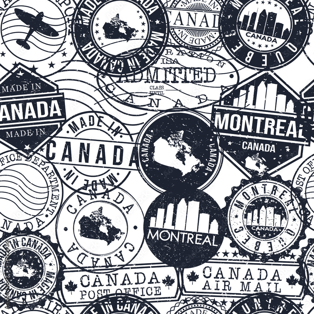 Montreal Canada Stamps. City Stamp Vector Art. Postal Passport Travel. Design Set Pattern.