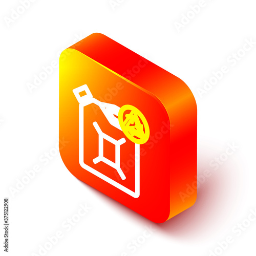 Isometric line Eco fuel canister icon isolated on white background. Eco bio and barrel. Green environment and recycle. Orange square button. Vector Illustration.