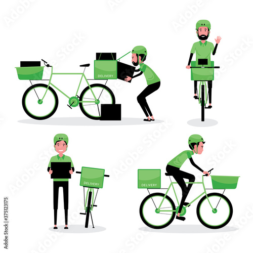 A cartoon character set of logistic business showing a man deliver parcel with bicycle