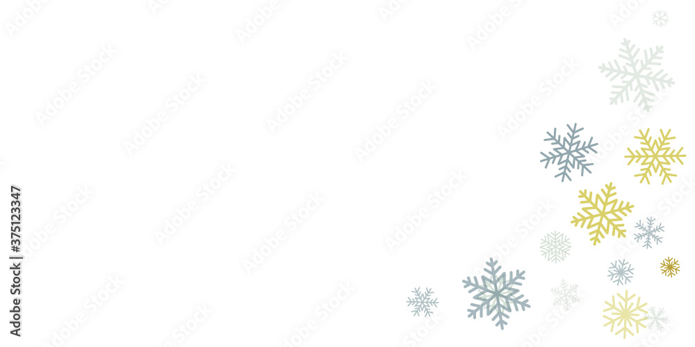 Christmas snowflakes background with place for text. Winter gold and silver snow minimal frame decoration on white, greeting card. New Year Holidays subtle backdrop. Vector illustration Christmas snowflakes background with place for text. Winter gold and silver snow minimal frame decoration on white, greeting card. New Year Holidays subtle backdrop. Vector illustration