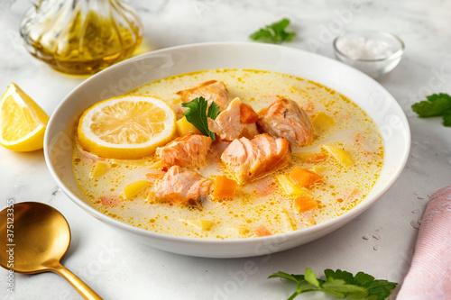 Close up of a plate with delicious salmon fish soup with vegetable-based cream on white background
