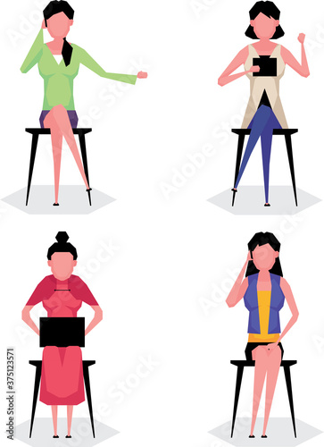 A cartoon character set of woman working while sitting on a chair and using laptop