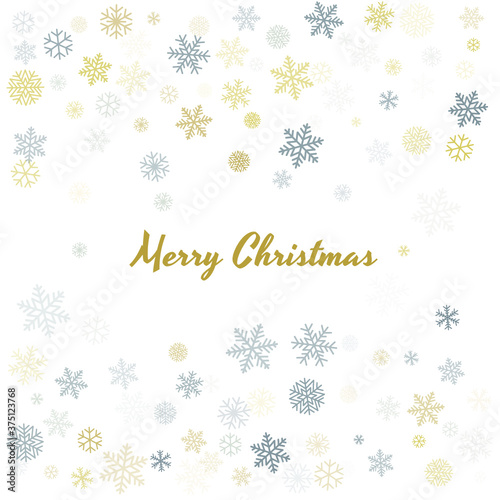 Christmas snowflakes background with place for text. Winter gold and silver snow minimal frame decoration on white  greeting card. New Year Holidays subtle backdrop. Vector illustration