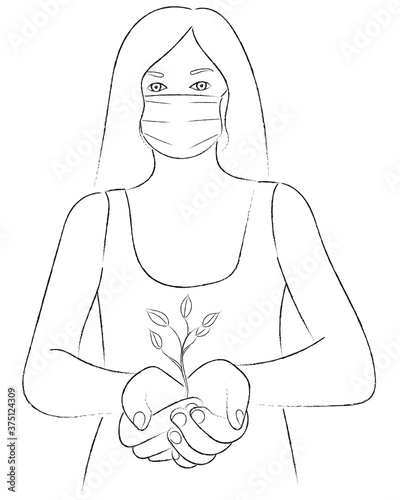 Sketch portrait of a girl in a medical mask with a plant on the palms
