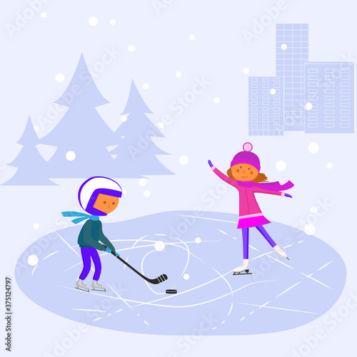 Children skate on the ice rink. Vector flat image. Winter entertainment. A boy plays hockey