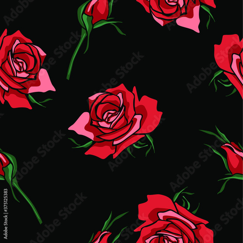 Vector seamless pattern with hand drawing roses, colorful botanical illustration, floral elements, hand-drawn repeatable background. Artistic backdrop.