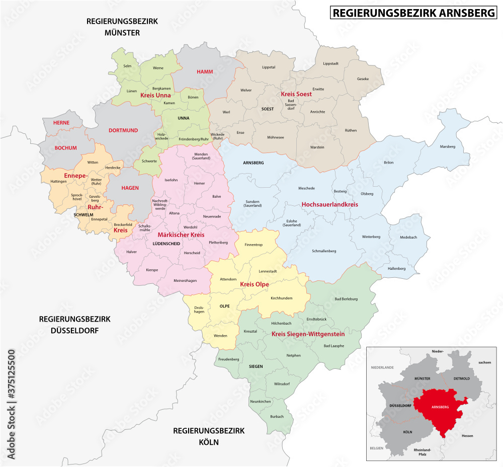 administrative vector map of the Arnsberg region in German language, North Rhine-Westphalia, Germany