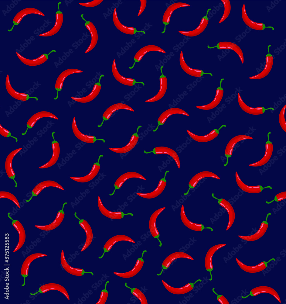 Seamless pattern of chili peppers on dark blue background
