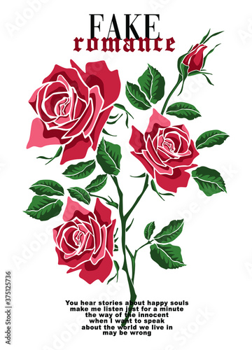 Roses bouquet. Typography graphic print, fashion drawing for t-shirts. Vector stickers, print, slogan Tee.