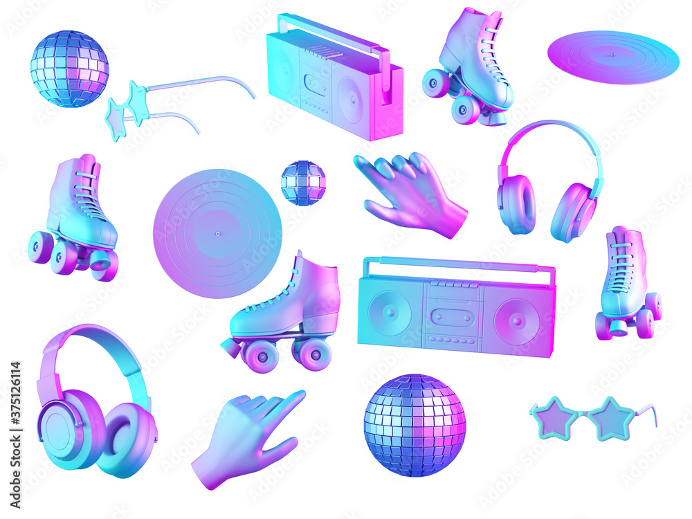 Naklejka 80's things and fashion in gradient pink and blue neon light. Boombox, vinil, roller skates, disco ball on isolated on white background. 3d render.