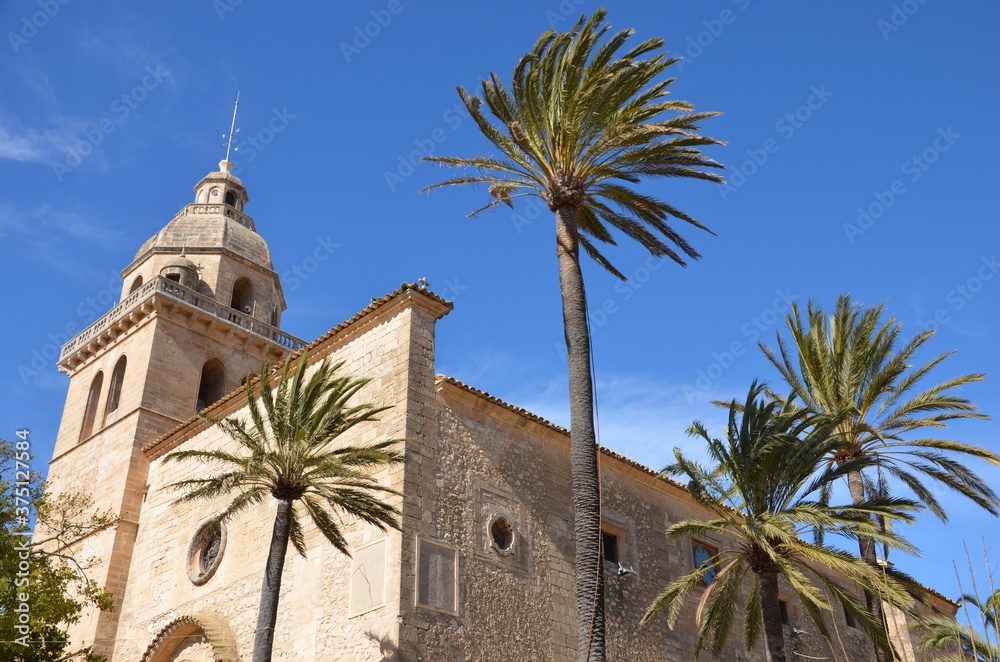 Historic church Sant Bartomeu in the medieval village Montuiri on Balearic island Mallorca, Spain, palm trees in front, blue sky background, a sunny day