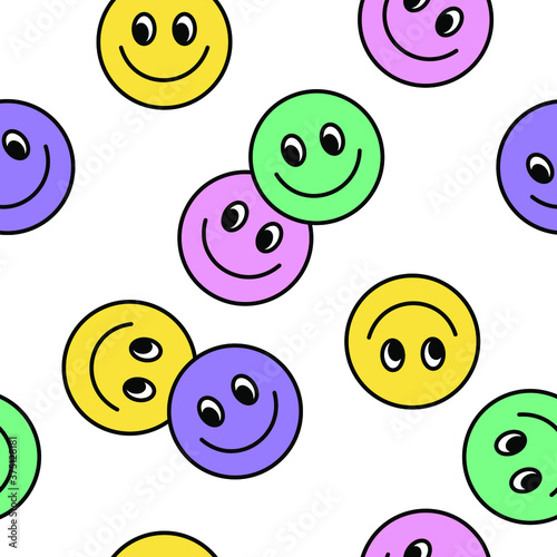Seamless pattern of Colourful Happy face icon. Smiling Emoticon texture. Smile background. Smile Face icon all over print. Isolated Happy Faces.