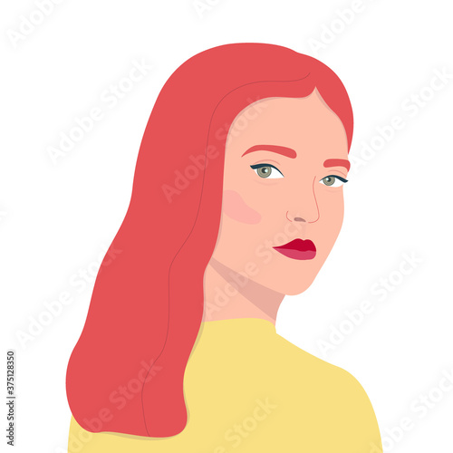 Girl looking back over her shoulder flat color vector character. Portrait of beautiful woman with red hair. Avatar. Model intently look isolated cartoon illustration for web graphic design