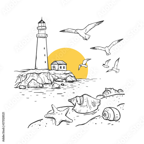 Hand drawn vector sketch with bottle, gulls, sun and lighthouse. Beach with seashells and sea star. Marine romantic background. Design on a white background