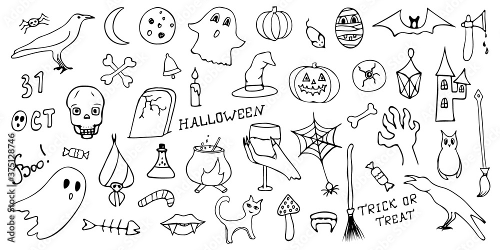 Halloween doodle icons set. Hand drawn line contour objects and symbols of Halloween. Scary mummy, skull, pumpkin, raven, owl, fish skeleton holiday elements. Isolated vector outline illustrations