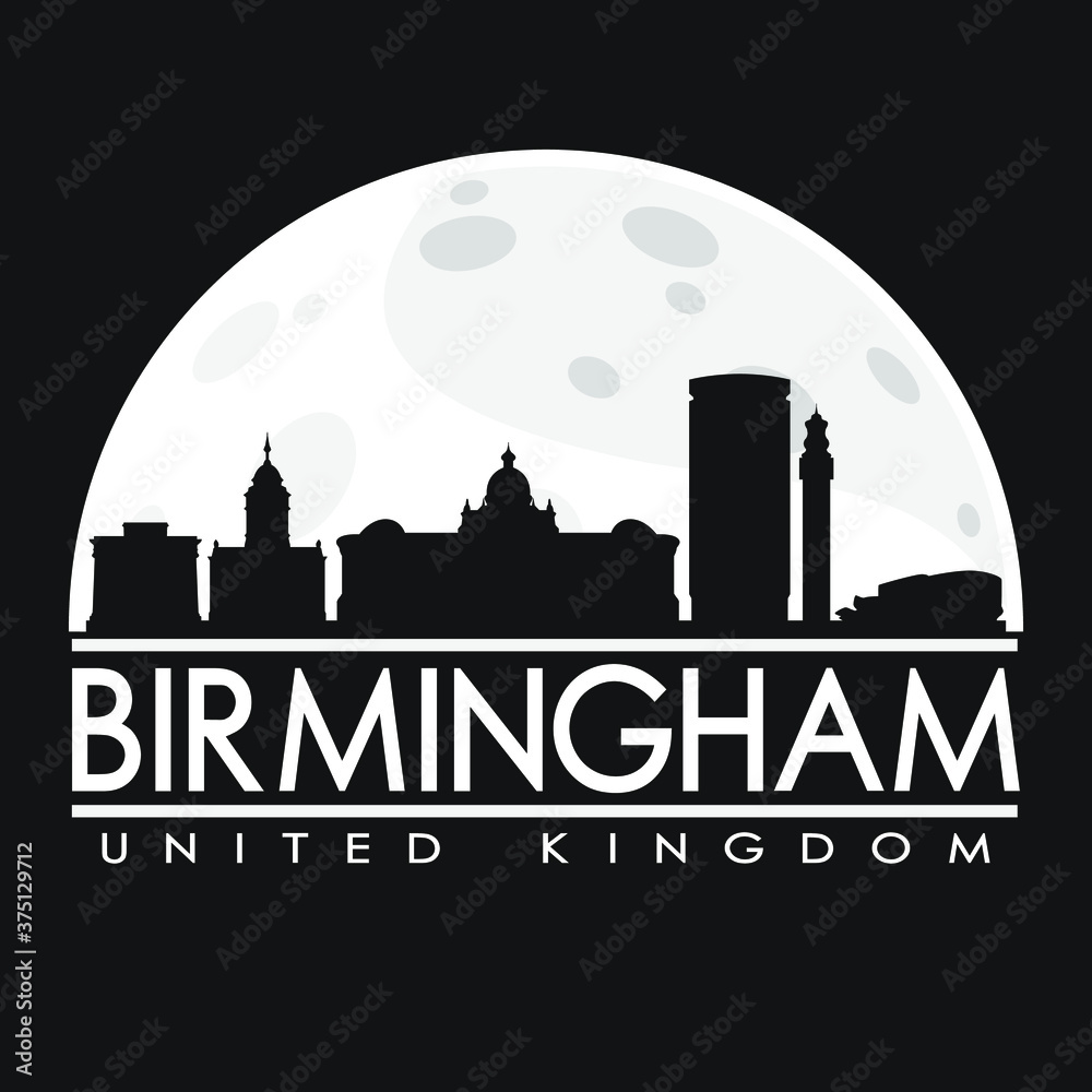 Birmingham England Full Moon Night Skyline Silhouette Design City Vector Art.