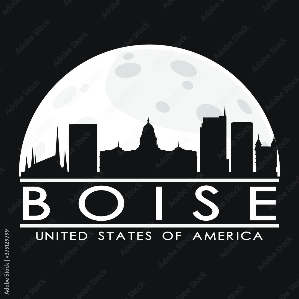 Boise Idaho Full Moon Night Skyline Silhouette Design City Vector Art.