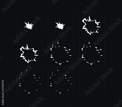 Blast explosion animation. Smoke effect sprites sheet for games, cartoon and animation. Vector illustration.