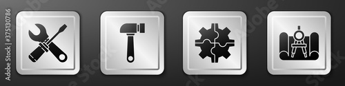 Set Screwdriver and wrench spanner, Hammer, Gear and Graphing paper and compass icon. Silver square button. Vector.