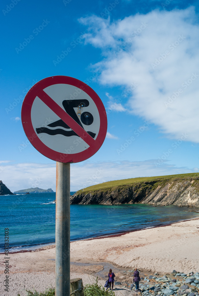 No swinning sign on Clogher Strand beach in the Dingle pininsula