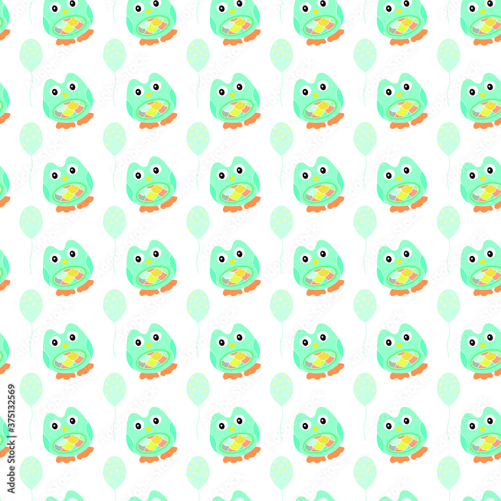  blue owls with balloons seamless repeat pattern