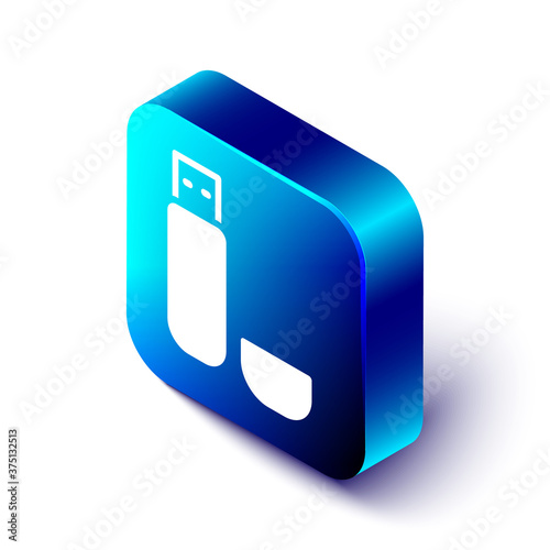 Isometric USB flash drive icon isolated on white background. Blue square button. Vector Illustration.