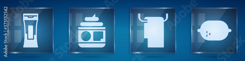 Set Bottle of shampoo, Cream or lotion cosmetic tube, Towel on a hanger and Lemon. Square glass panels. Vector.