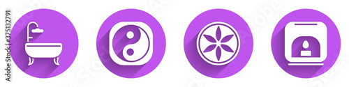 Set Bathtub, Yin Yang, Leaf plant nature and Aroma lamp icon with long shadow. Vector.