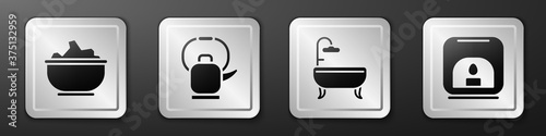 Set Sea salt in a bowl, Kettle with handle, Bathtub and Aroma lamp icon. Silver square button. Vector.