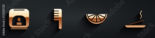 Set Aroma lamp, Hairbrush, Citrus fruit and Scented spa stick icon with long shadow. Vector.