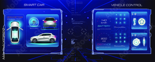 Holographic interface with parameters and characteristics of passenger car. Management and diagnostics of smart city electric vehicle. Custom touchpad with car and HUD, GUI, UI elements