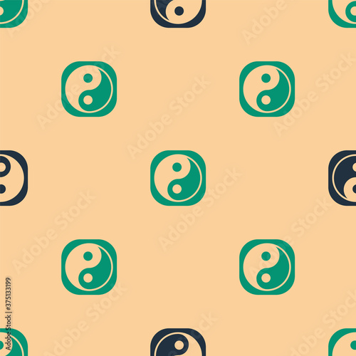 Green and black Yin Yang symbol of harmony and balance icon isolated seamless pattern on beige background. Vector Illustration.