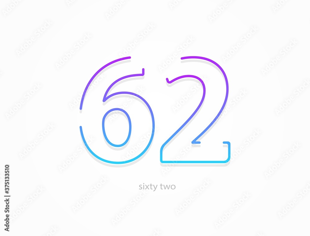 62 number, outline stroke gradient font. Trendy, dynamic creative style design. For logo, brand label, design elements, application and more. Isolated vector illustration