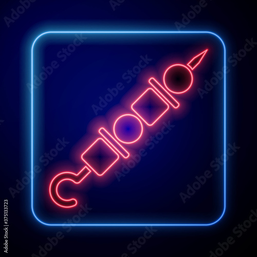 Glowing neon Grilled shish kebab on skewer stick icon isolated on blue background. Meat kebab on skewer stick. Picnic with grilled meat. Vector Illustration.