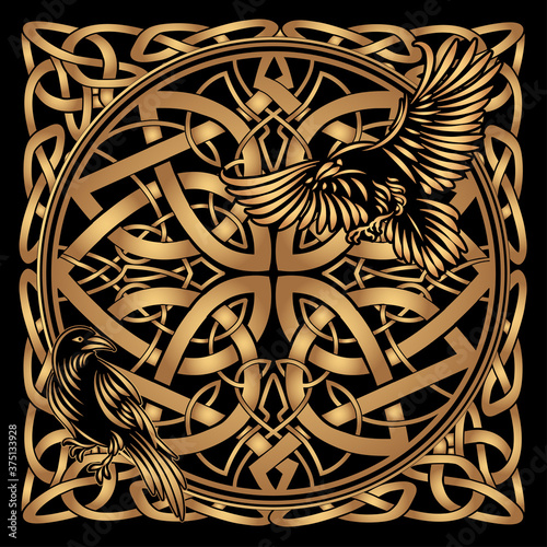 Celtic sacred symbols - Yggdrasil tree of life and totem birds raven Huginn and Muninn ravens of Odin