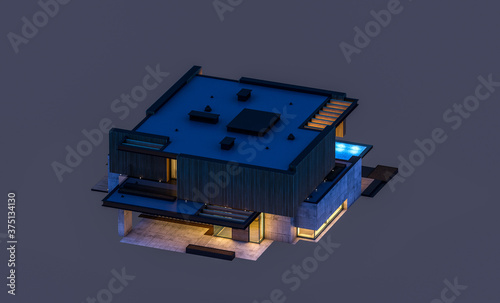 3d rendering of modern cozy house with parking and pool for sale or rent with wood plank facade. Isolated on white