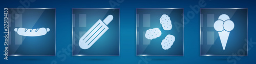 Set Hotdog sandwich, French hot dog, Chicken nuggets and Ice cream in waffle cone. Square glass panels. Vector.