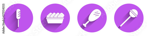 Set Fried sausage, Chicken nuggets in box, Chicken leg and Lollipop icon with long shadow. Vector.